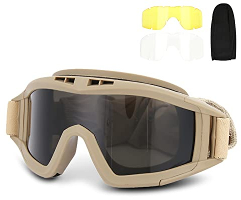Taktikbrille Airsoft Brille mit 3 Wechselgläsern,Schießbrille Anti-Beschlag | UV400 Schutz, Staubdichte Motorradbrille für Jagd, Paintball, Skifahren, Fahrrad & Outdoor Sport,Anpassbar,Anti-Beschlag
