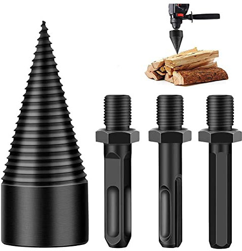 Spaccalegna per Uso Domestico 42 mm, Cono di legno Punta Spaccalegna per Trapano, Spaccalegna con 3 Manici per Trapano (Quadrato/Rotondo/Esagonale) per Legno di Diametro Inferiore