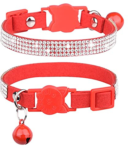 FUNAT Katzenhalsband mit Strasssteinen mit Glocke, Mikrofaser Weiches und bequemes Katzenhalsband, Katzenhalsband mit Katzenkopf-Sicherheitsschnalle