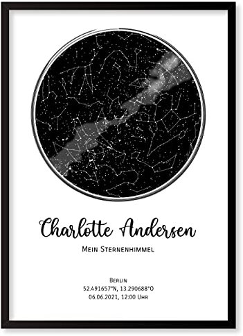 Personalisierte Sternenkarte - Sternenhimmel Poster - Die Sternenkarte vom Wunschdatum mit Wunschtext - Personalisiertes Geschenk - Valentinstag, Geburtstag, Geburt, Hochzeit (Rahmen optional)