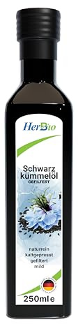 HerbBio Schwarzkümmelöl 250ml | gefiltert, reich an Thymochinon, kaltgepresst in Rohkostqualität, 100% naturrein, Made in Germany
