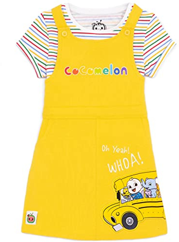 CoComelon Pinafore Dress for Children Toddlers | Girls Yellow Dungaree with Striped T-Shirt | JJ Ello Pepe Boba Kiki Animal Characters | Nursery Rhymes Songs