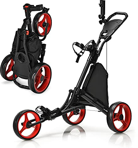 GOPLUS Carrito de Golf Plegable con 3 Ruedas, Carro de Golf de Empuje de 3 Posiciones de Altura Ajustables con Freno de Pie, Portaparaguas, Portavaso, Bolsa Impermeable y Marcador (Rojo)