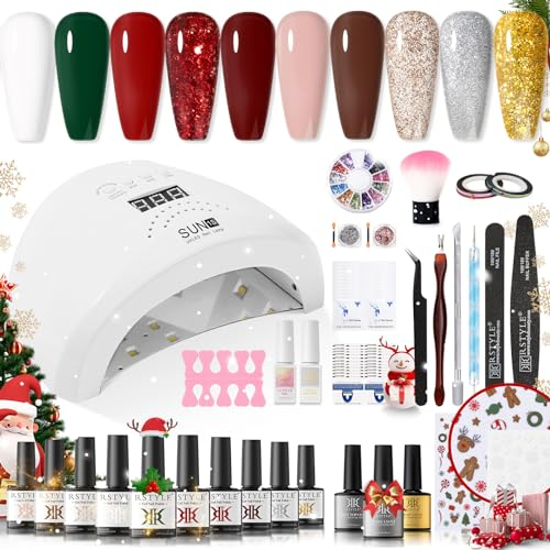 RSTYLE UV Nagellack Set mit UV Lampe 48W UV/LED, 10 Farben Gel Nagellack Set mit Lampe Gelnägel Starterset Shellack Nagellack Starterset Gellack Nägel Nagelstudio Set Geschenkset Rot Grün Glitzer