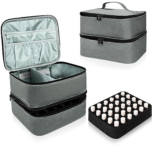 Nagellack Aufbewahrung Tasche, Doppelschichtige Nagellack Organizer, Tragbare Tragetasche für Nageldesign Kosmetiktasche Zubehör für 30 Flaschen(15ml-0.5 FL.oz) und 1 Nagellampe (Grau)