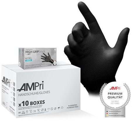 AMPri Guanti monouso High Grip in nitrile, 10 scatole da 100 pezzi, taglia XXL, nero, SolidSafety: guanti di protezione da lavoro extra antiscivolo e resistenti agli agenti chimici, in taglie S, M, L