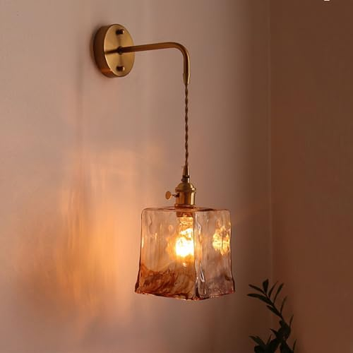 YOOCHUENG Lampada da Parete in Vetro Ambra,Applique da Parete Pendente E27,Luci da Parete Vintage,Luce Dorata con Interruttore per Camera da Letto Soggiorno Comodino (Stile C)