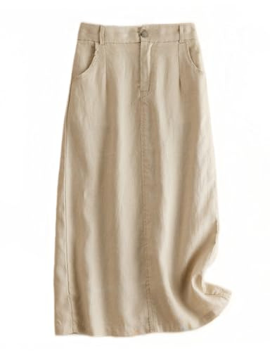 Kinghua Damen-Leinenrock, elastisch, hohe Taille, lässig, gerade, Baumwoll-Leinen, Midirock mit Schlitz, Beige, XX-Large