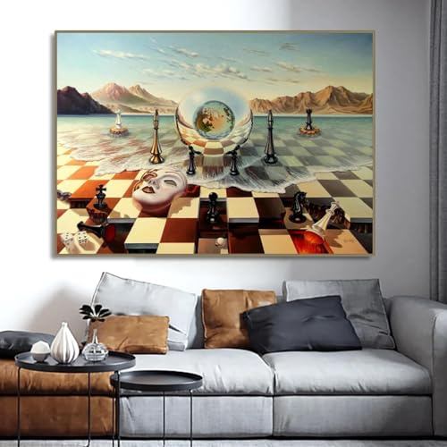 Salvador Dali Wandkunstdruck, Surrealismus, Schachmaske auf Meer, Leinwand, Gemälde, moderne Bilder, gerahmtes Kunstwerk für Heimdekoration, 50 x 70 cm, mit schwarzem Rahmen