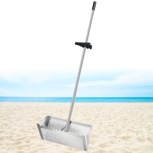 Rastrello antipulci per Sabbia, setaccio per Sabbia da Spiaggia in Acciaio Inossidabile, Dente di squalo/Manico Lungo Regolabile Staccabile/Cestino Largo 15,75 Pollici con Foro Esagonale