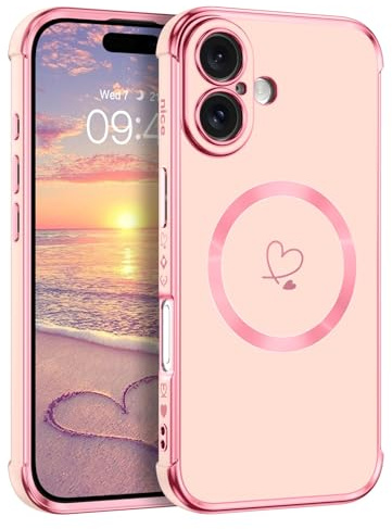 Telaso Magnetische Hülle für iPhone 16, Handyhülle für iPhone 16 Niedliches Herz Muster [ Kompatibel mit MagSafe ] Weiche Plattierung Abdeckung für Frauen, Schutz der Kamera, Rosa