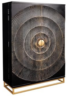 Licht-Erlebnisse Barschrank Schwarz Gold 95 x 141 cm (BxH) Mangoholz Metall Handarbeit Ornament Türen Highboard Schrank Weinschrank Hausbar