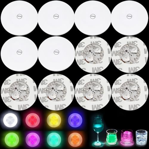 12PCS LED Sticker Stimmungslichter Selbstklebendes Flaschenlicht mit 4 SMD | (6 bunte 6 kaltweiße Lichter) LED Batterien Leuchtsticker Flaschenbeleuchtung zum unter Bar Untersetzer Lichter für Party