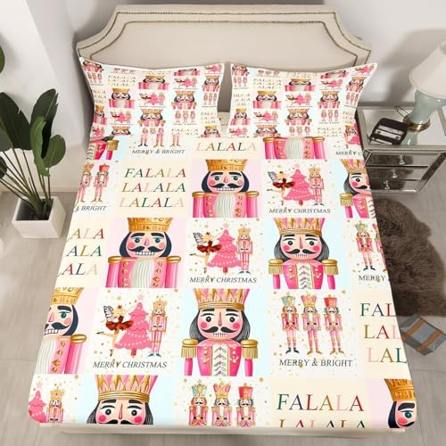Christmas Nutcracker Fitted Sheet Double Size,Cartoon Soldier Bedding Set for Kids Girls Boys Teens Room Decor,Ballet Girl Christmas Tree Bed Sheets Pink Plaid Patchwork Deep Pocket Sheet 3Pcs