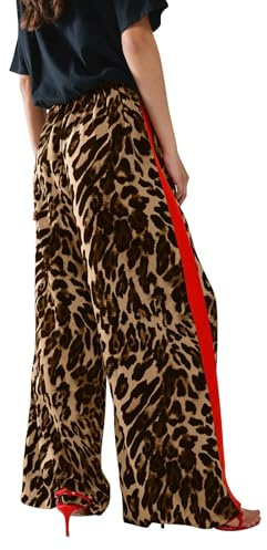 Plus Size Leopard Print Trousers for Women with Pockets Women's Y2k Wide Leg Pant Comfy Lounge Long Straight Pants Palazzo Jogging Bottoms Red Drawstring Stretch Color Block Side Striped Streetwear UK