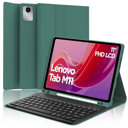 Coque Clavier pour Lenovo Tab M11 11 Pouces, AZERTY Français Housse Clavier Bluetooth Magnétique Détachable avec Porte Crayon pour Tablette Lenovo Tab M11 11 2024 (TB330FU/TB330XU), Vert Foncé
