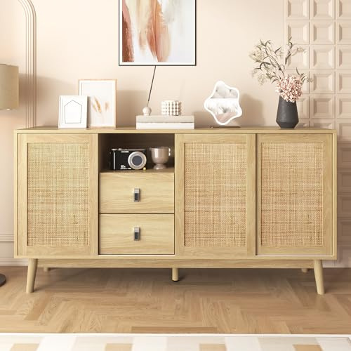 REXO Aparador con 3 puertas correderas de ratán auténtico y 2 cajones, 155 x 38 x 80 cm, transpirable, estable y versátil