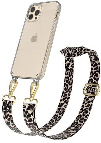 EAZY CASE Handykette - Verstellbares Taschenband kompatibel mit iPhone 12/12 Pro, Schulterriemen, Handykordel mit Silikon Hülle, Umhängetasche, Leo - Schwarz Beige Gold