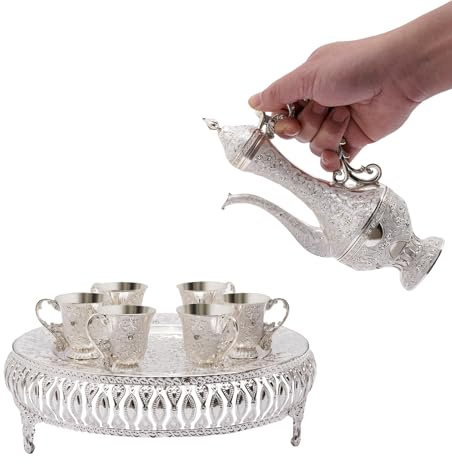 whsiodj Servizio da tè, 6 pezzi, in lega di zinco, zinco, colore argento, 280 ml, teiera, 25 ml, vassoio concavo, manico antiscivolo per tè pomeridiano, regalo di nozze, qualità tedesca