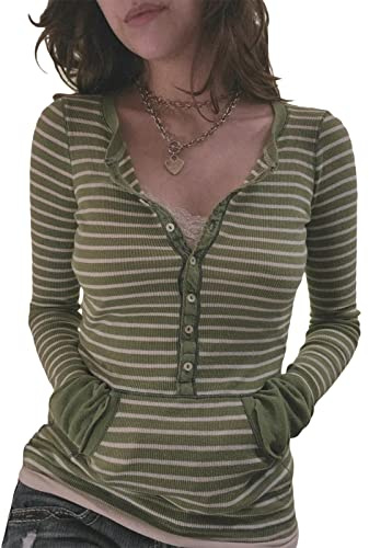 Y2k Maglia a righe da donna a maniche lunghe, scollo a V, bottoni, vestibilità aderente, camicetta da fata grunge, maglietta Henley, verde, S