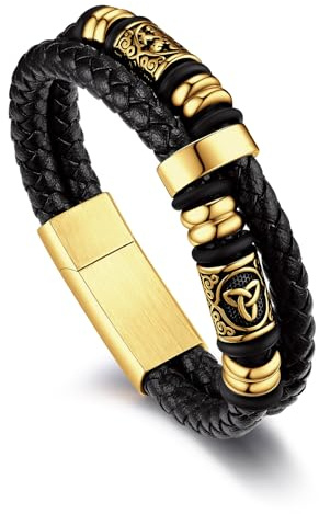 Bandmax Keltisches Armband Herren Lederarmband Gold Wickelarmband Leder Wikinger Geflochtenes Armbänder Magnetverschluss Männer Kunstleder Wachsseilarmband Goldene Lederarmkette 25cm Schmuck für Sohn