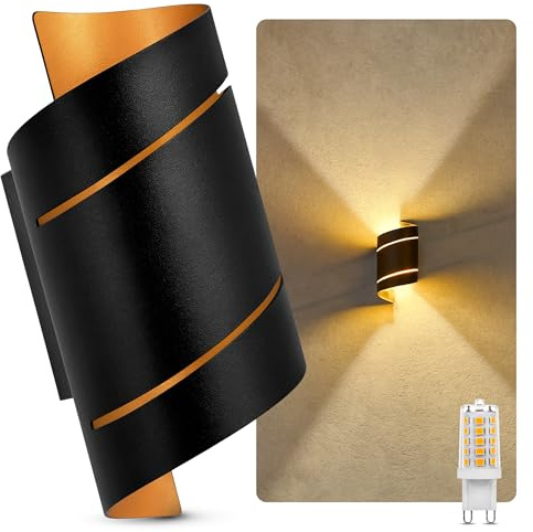 SSC-LUXon VYRA Wandleuchte schwarz-gold rund G9 3W dimmbar warmweiß | Runde Wandlampe schwarz-gold - Up-Down-Licht dimmbar, Schlitzdesign für Flur, Schlafzimmer & Wohnzimmer, inkl. G9 LED