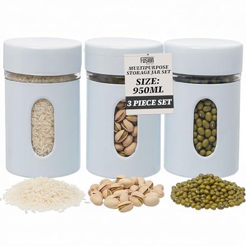 Kitchen Storage Canisters Set - 3x 950ml Tea Coffee and Sugar Canisters with Airtight Screw Top Lid - Kitchen Food Container Organizer with Transparent Window for Tea, Nuts & More