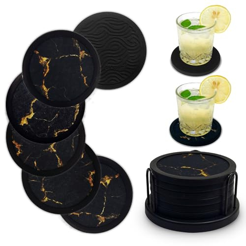 doppelseitige Silikon-Untersetzer/Bechermatte – rutschfest & saugfähig (heiß/kalt) – Kratzfest & wasserringfrei für Holztische – weißes Marmor-Design für Zuhause/Büro/Bar (6 Marmor schwarzes Gold)
