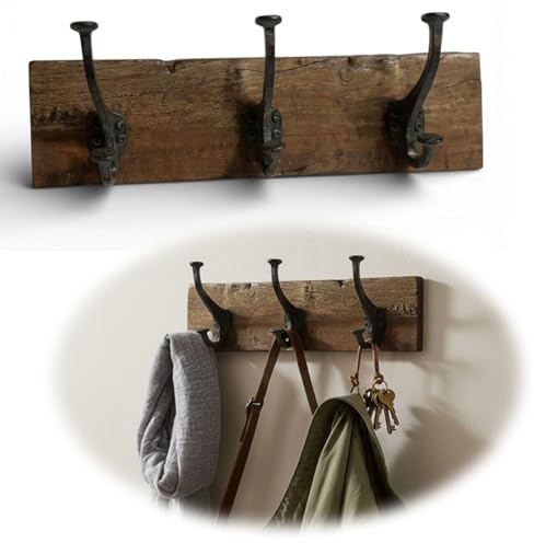 LS-LebenStil Vintage Holz Wandgarderobe 3 Haken Teak Braun 38cm Garderobenleiste 6-fach Doppelhaken - Stabile Gusseisen Garderobenhaken Kleiderhaken Hakenleiste Mäntel Jacken