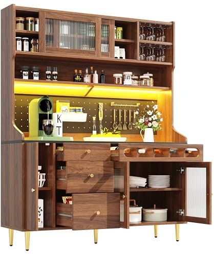 DRIXNO Hochschränke, Küchenschrank mit Arbeitsplatte, Buffetschrank, Schränke mit LED-Beleuchtung, Schublade mit Weinregal, Großer Stauraum, Küche, Wohnzimmer, Esszimmer, 145x39x171 cm, Walnussfarbe