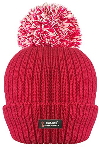 RockJock Damer kvinnor vinter pom pom ribbad mössa hatt med R40 avancerad värmeisolering, Röd, en storlek