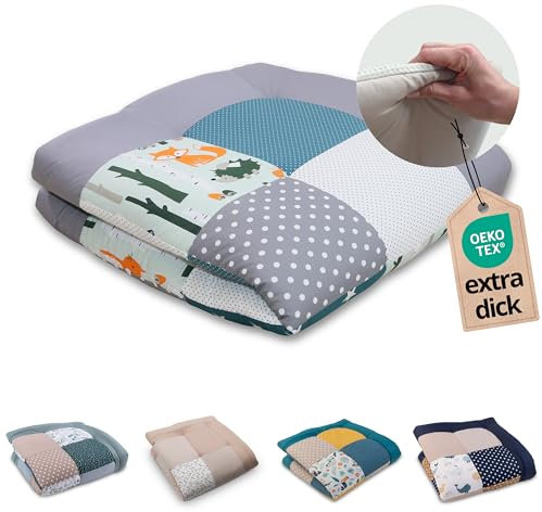 ULLENBOOM Krabbeldecke für Baby 100x100 cm, 100% OEKO-TEX Materialien, Made in EU, Dick & weich gepolstert, Waldtiere Petrol - ideal als Babydecke, Laufgittereinlage & Spieldecke Baby