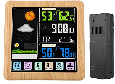 Station météo sans fil, TS-3310 LCD couleur écran tactile complet Thermomètre extérieur intérieur Hygromètre Station de prévisions météorologiques avec réveil (bois)