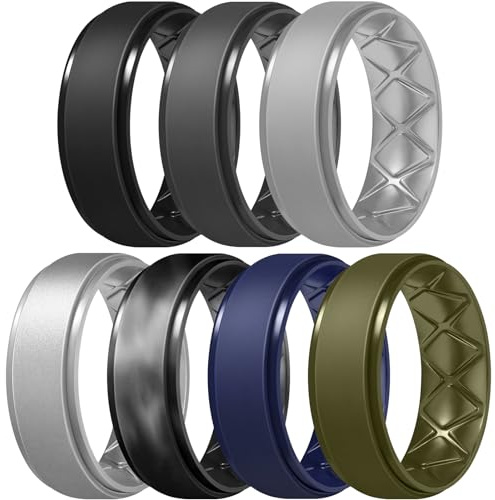 Egnaro Men's Rings 8.5mm Wide-2mm Thick Inner Arc Ergonomic Breathable Rubber Wedding bands-Hypoallergenic for Gym/Outdoor/Gift((1-7 Variety Pack with Half Size)