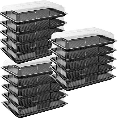 delisupplies Pack of 15 Large Rectangle Food, Cake, Sandwich Platter Tray Set, Black Tray Base with Clear Lid Durable Buffet Catering Food Sandwich Trays (L450mm x W310mm x 75mm with Lids)