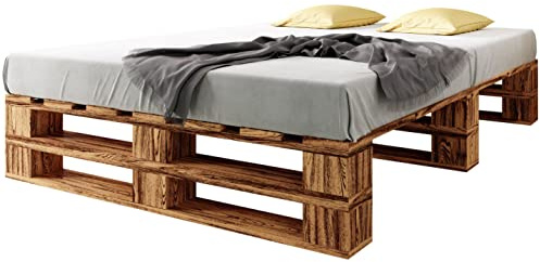 sunnypillow Palettenbett M2 aus Holz 160 x 200 cm mit Lattenrost, Doppelbett, Familienbett - erhöhtes Ehebett Bettgestell Futonbett Komforthöhe Geflammt Massivholzbett