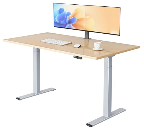E.For.U® höhenverstellbarer Schreibtisch 160x80 cm, 2 Motoren, elektrisch höhenverstellbares Tischgestell mit 2-Fach-Teleskop, Memory-Steuerung (Silber), DT20L mit Tischplatte (Buche)