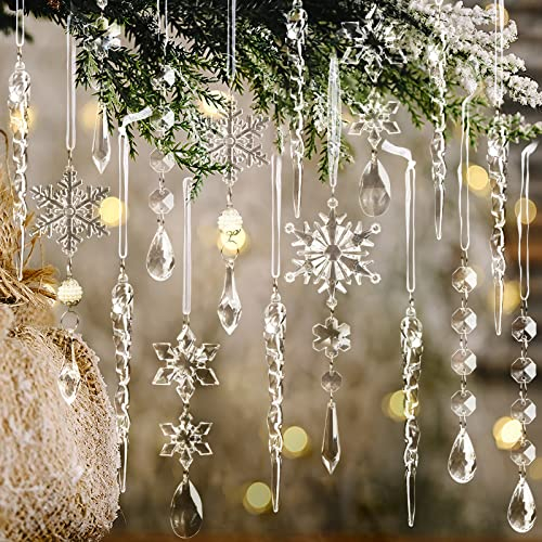 18pcs Crystal Ornaments - Acrylic Christmas Snowflake Icicle Drop for Tree, Winter, New Year Party Supplies