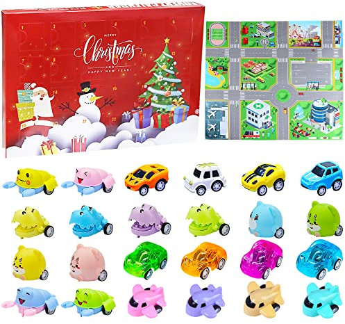 Calendario de Adviento para niños, 24 unidades, diseño de animales, calendario de Adviento, minicoche, calendario de Adviento, juguete para coche con 1 tarjeta de escena de tráfico