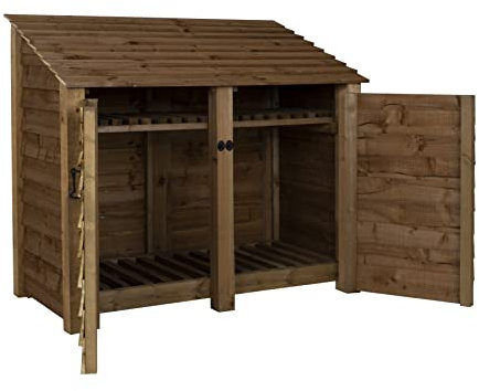 Arbor Garden Solutions Wooden Log Store 4Ft With Doors (W-146cm, H-126cm, D-88cm), brown finish (With kindling shelf)