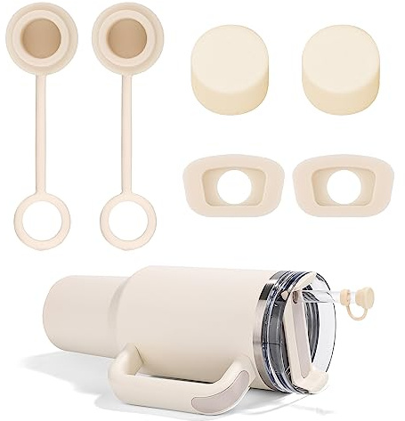 6pcs Silicone Spill Proof Stopper Set, Reusable Leakproof Plug Spill Proof Straw Stopper with Straw Covers Seal Tumbler Accessory Compatible with Stanley Cup 2.0 40/30oz (Cream Yellow)