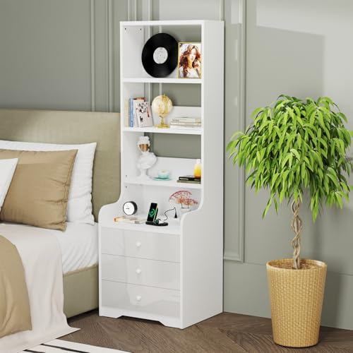 PIPIPOXER Nachttisch Mit Steckdose & USB, Weiß Hochglanz Mit 3 Schubladen, Moderne Für Wohn- Und Schlafzimmer, 40x50x176 cm (1er Set)