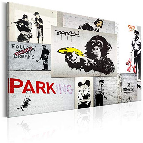 B&D XXL - Akustikbild Banksy Collage Bilder Akustikschaum Hochleistungsschallabsorber Schallschutz Leinwand 1 tlg Wandbild Raumakustik Schalldämmung Graffiti Straßenkunst