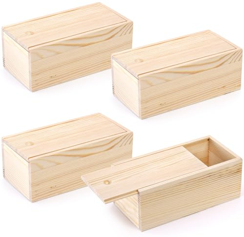 yarlung 4 Pack Unfinished Wood Storage Box with Slide Lid, 20.3 x 10 x 7.6cm Vintage Keepsake Case Cards Container Small Gift Box for Art Hobbies, DIY Craft, Desktop Bead Organizer, Jewelry Storage