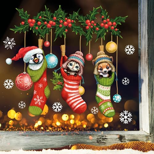 Wandtattoo Loft Fensterbilder Weihnachten mit Pinguin, Waschbär und Fuchs in Socken – Wiederverwendbar – A2 Bogen – Weihnachstdeko Fenster Kinderzimmer, Weihnachtsbilder Fenster, Fensterbild Winter