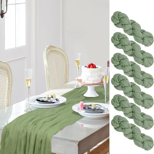 Aolawco 6 Stück Tischläufer Grün, Tischläufer Eukalyptus Grün 90×300cm, Tischlaufer Salbeigrün, Käsetuch Tischlaufer für Hochzeitsdeko, Geburtstag, Babyparty Dekoration