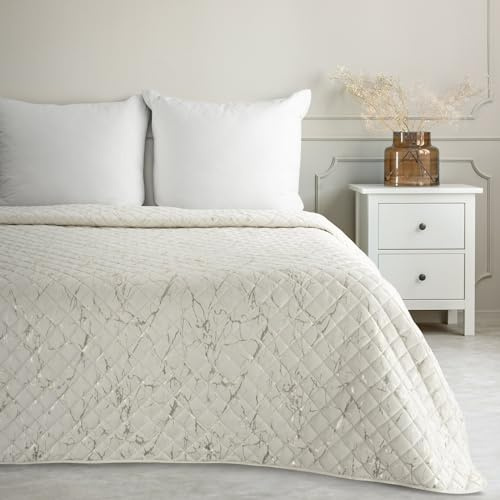 Eurofirany Marmor Decke Tagesecke mit elegantem Muster für Doppelbett Samt Velours Glamour Dekorativer Bettüberwurf (Weiß+Champagne, 170X210 cm)