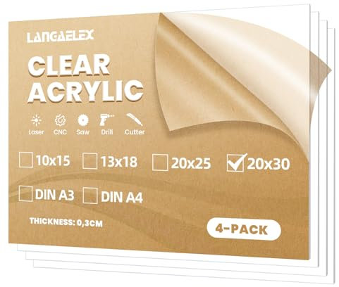 Langaelex 4er Set Acrylglas Platten 20 x 30 cm, 3mm Dicke Plexiglasplatten ultra klare transparente Kunststoffplatten für Laserschneiden, Glasersatz, Projektausstellung