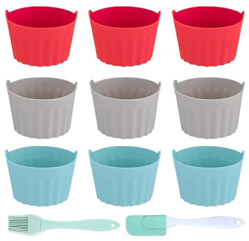 FIHODONE 11 PCS Silicone Muffin Cases, Silicone Moulds for Air Fryer Reusable Moulds, Ramekins for Air Fryer Accessories Cake Cases, with Brush and Spatula (Red&Gray&Blue)