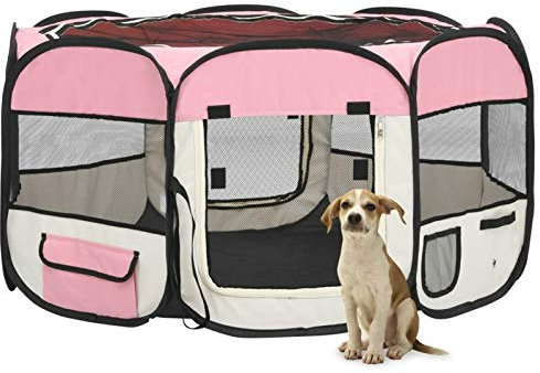 Faltbarer Welpenlaufstall mit Tragetasche, LAPOOH Welpenlaufstall, Laufstall Hund, Hundelaufstall, Hundepark, Katzengehege, Hundezelt, Auslauf Für Hunde, Rosa 125x125x61 cm
